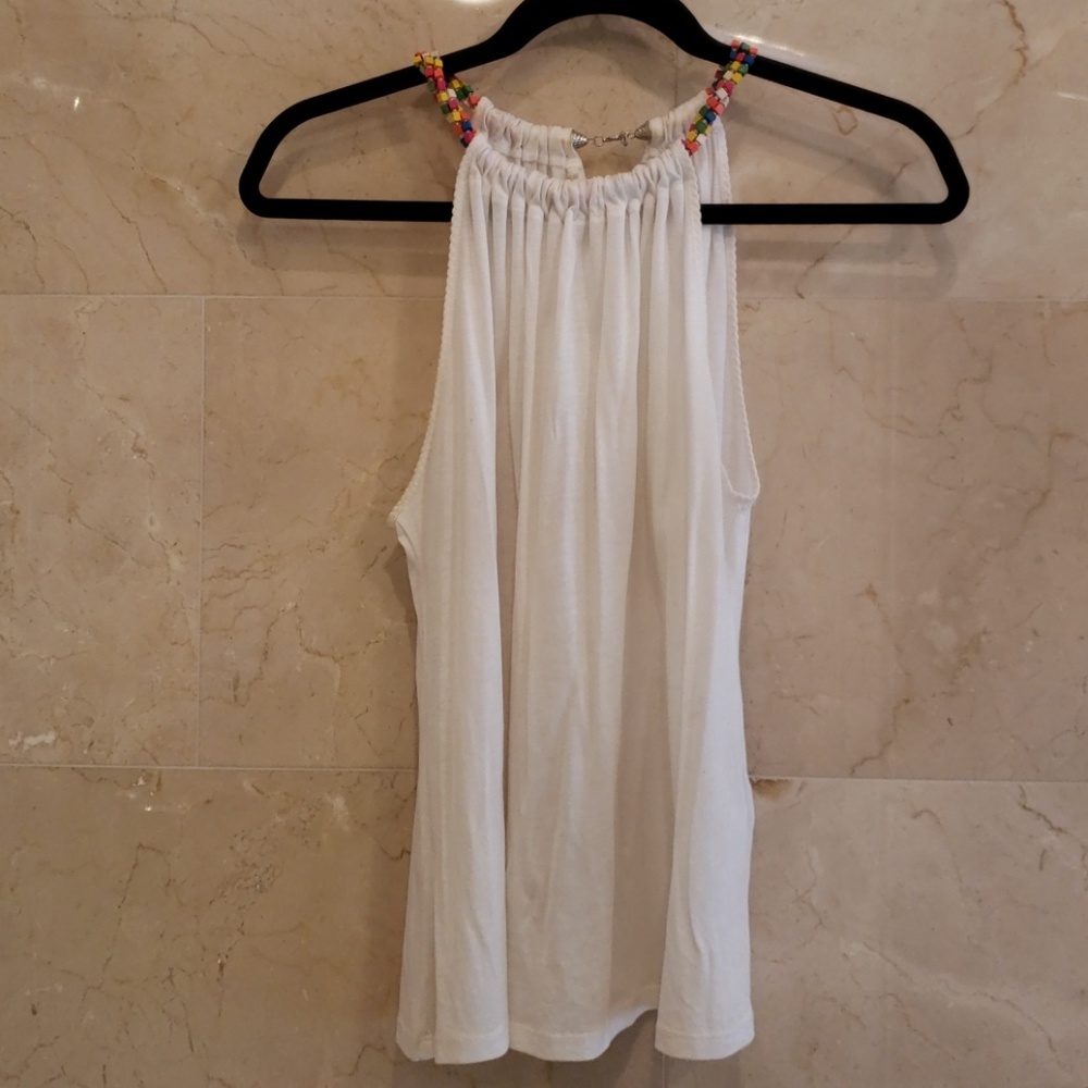 WOMEN'S WHITE BEADED ZARA HALTER TOP SHIRT BLOUSE